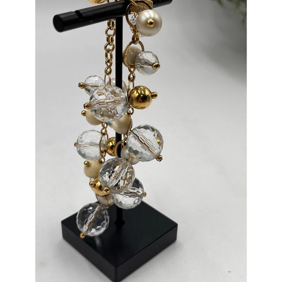 Kate Spade Signed Gold Tone Pearl and Faceted Clear Beaded Cha Cha Bracelet - Picture 6 of 9